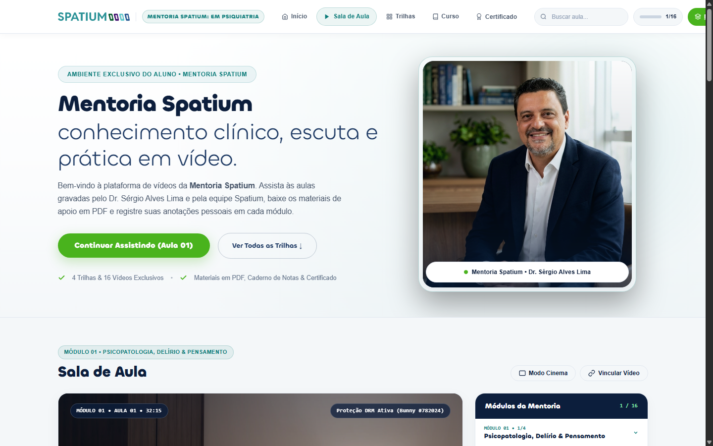 Prévia real do dashboard interno do aluno na Mentoria Spatium